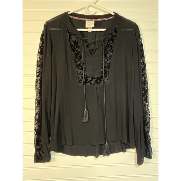 Knox Rose Women's Boho Black Blouse Lace Tassels M Whimsigoth Dark Fairy Grunge - Picture 1 of 10